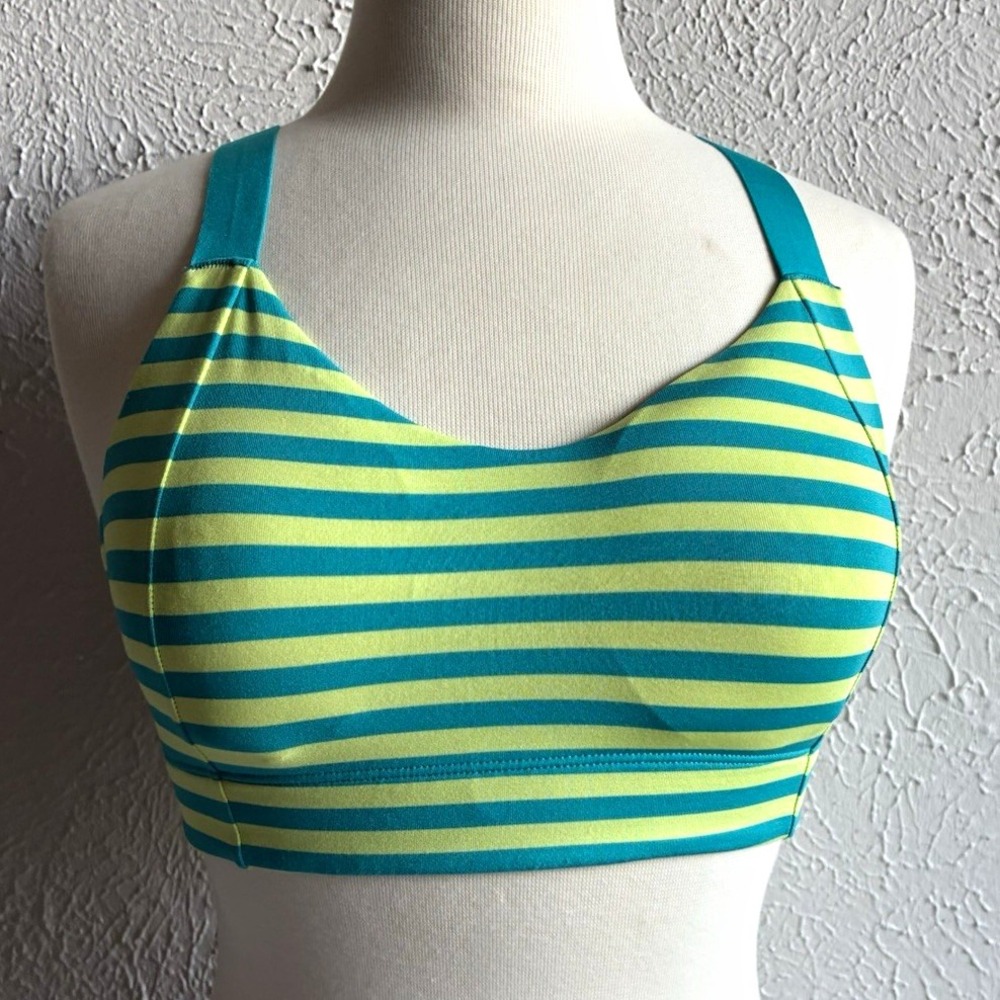 Brooks Hot Shot Sports Bra L Teal Lime Green Striped Racerback
